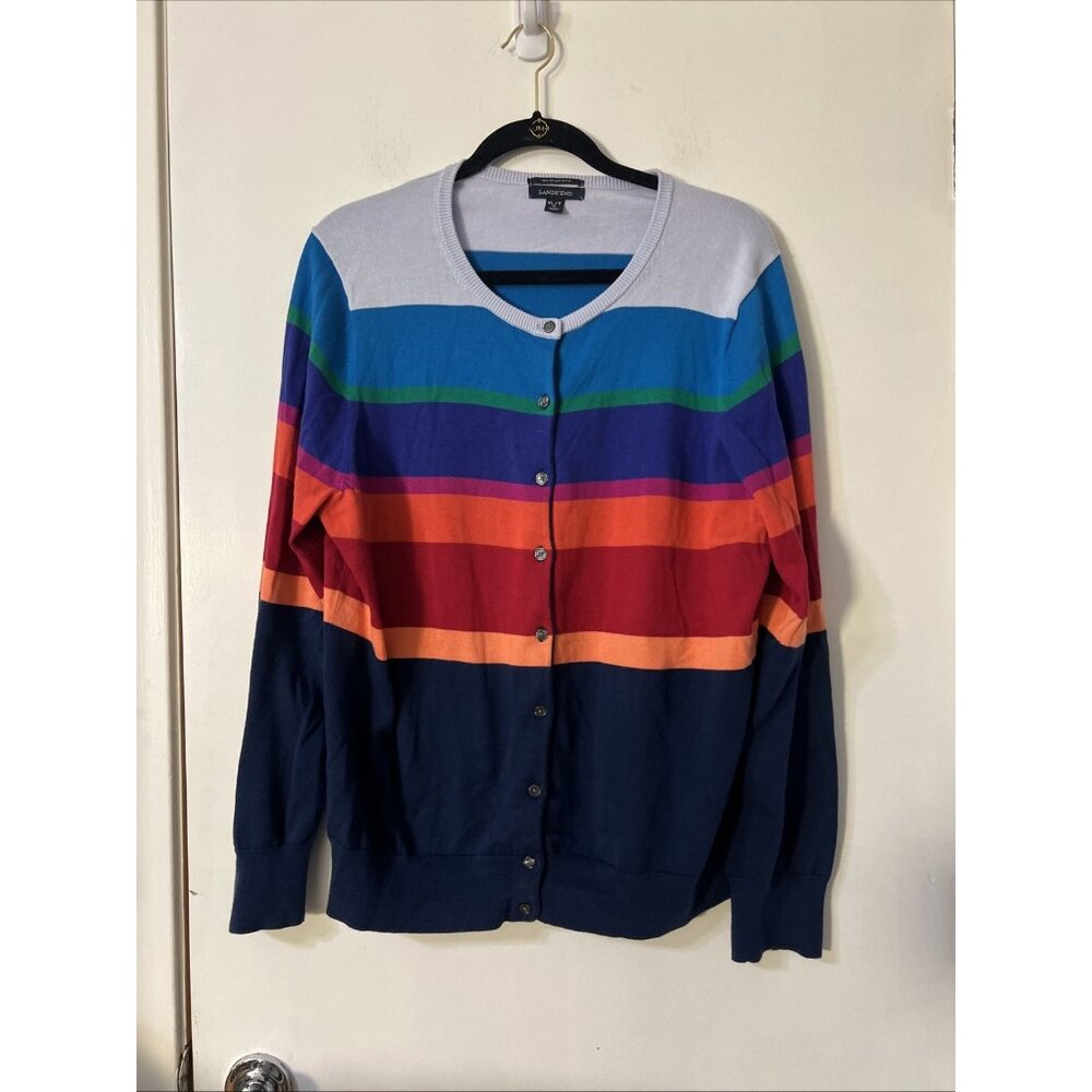 Lands End Womens XL Rainbow Stripe Multicolor Cardigan‎ Sweater Supima Cotton